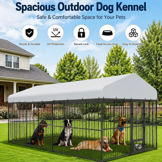 Super Large Outdoor Dog Kennel 20FT Heavy Duty Metal Dog Run Enclosure Walk In Dog Cage with Iron Alloy Frame Secure Gate Feed Access Modular Panels A Frame Top Pet Pen for Dogs Chickens Ducks Geese Backyard Garden Farm