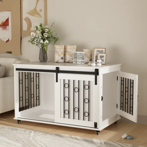Wooden Indoor Dog Crate End Table With Sliding Barn Door