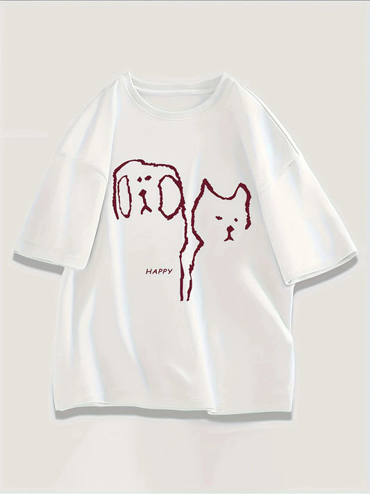 Men's white cotton printed t-shirt, white short-sleeve t-shirt with cartoon cat and dog patterns, 100% pure cotton for both men and women, suitable for street style, parties, outdoor, home, and leisure – breathable fabric,