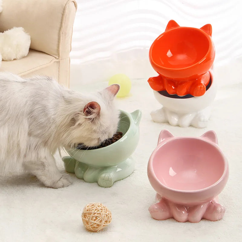 Ceramic Cat Food Bowl With Neck Guard And Oblique Rim