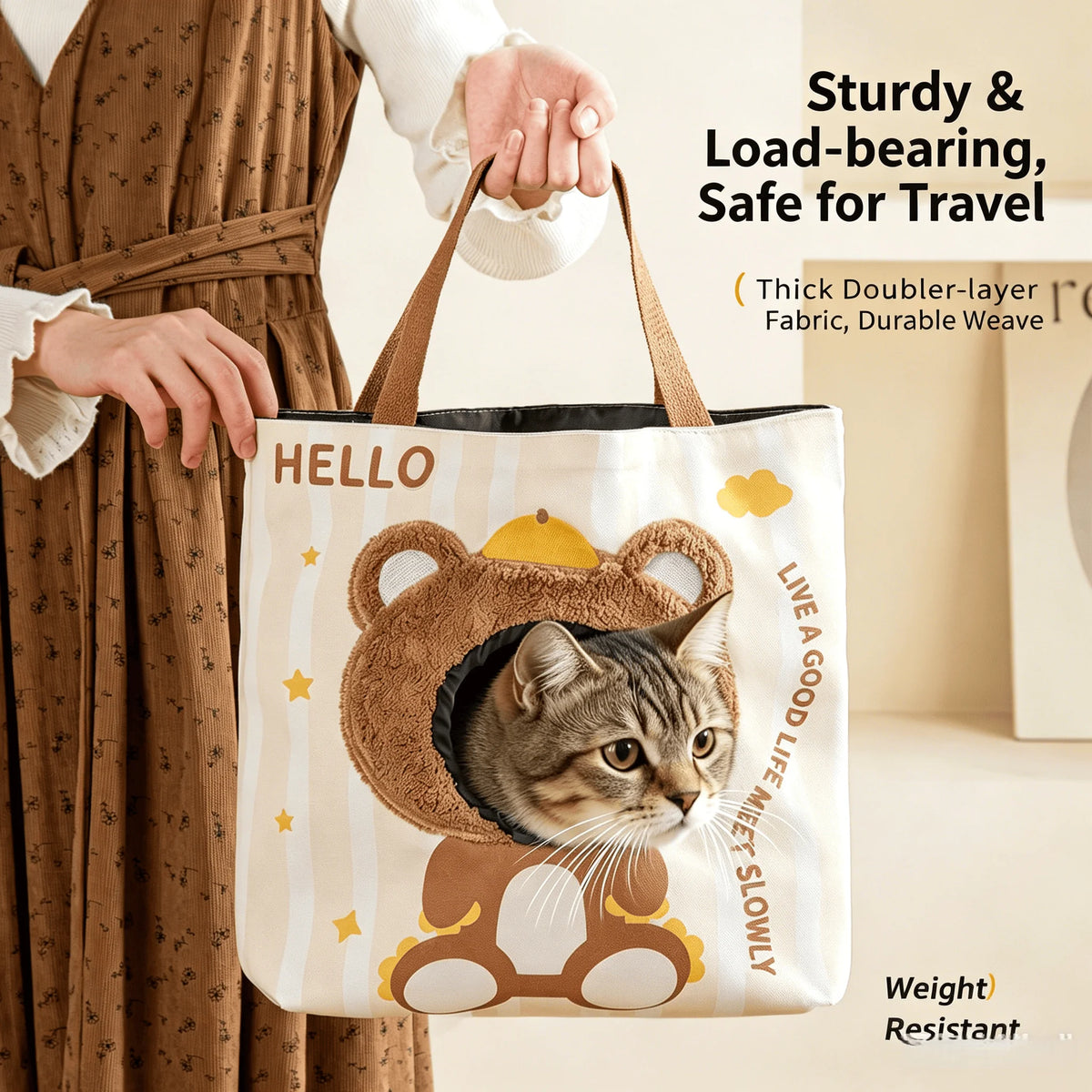 Breathable Canvas Cat Travel Carrier Tote Bag For Pets