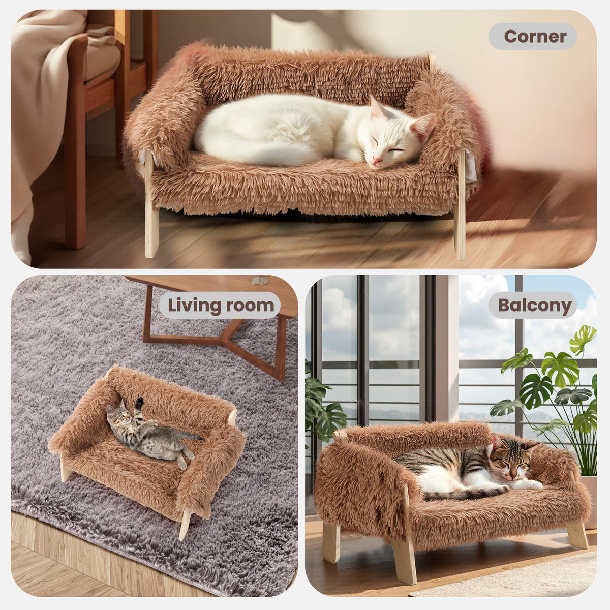 Elevated Plush Cat Sofa Bed Sturdy Wooden Frame Furniture