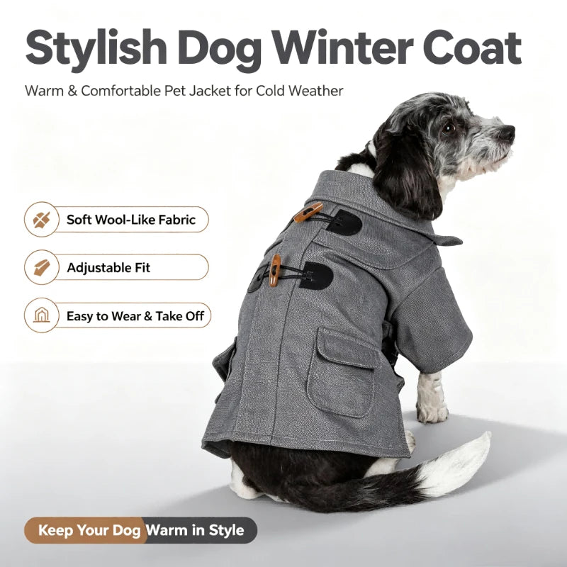 Classic Collared Wool Dog Coat With Horn Buttons Windproof Protection