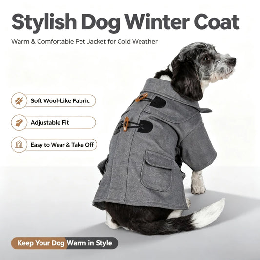 Classic Collared Wool Dog Coat With Horn Buttons Windproof Protection