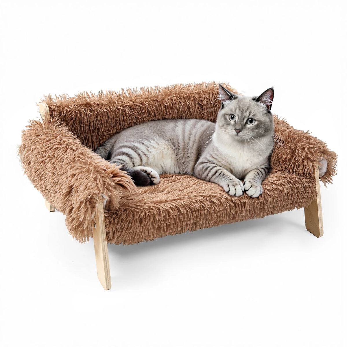 Elevated Plush Cat Sofa Bed Sturdy Wooden Frame Furniture