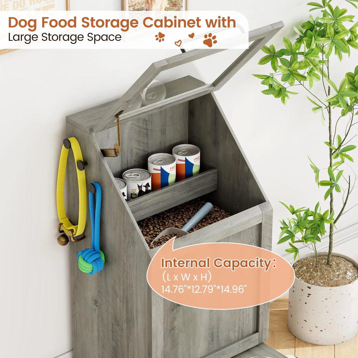 Dog Food Storage Cabinet with Feeding Bowls, Elevated Pet Feeder Station with 2 Stainless Steel Bowls, Slant Flip-Up Lid, Anti-Toppling Device, Pet Food Container for Dogs and Cats
