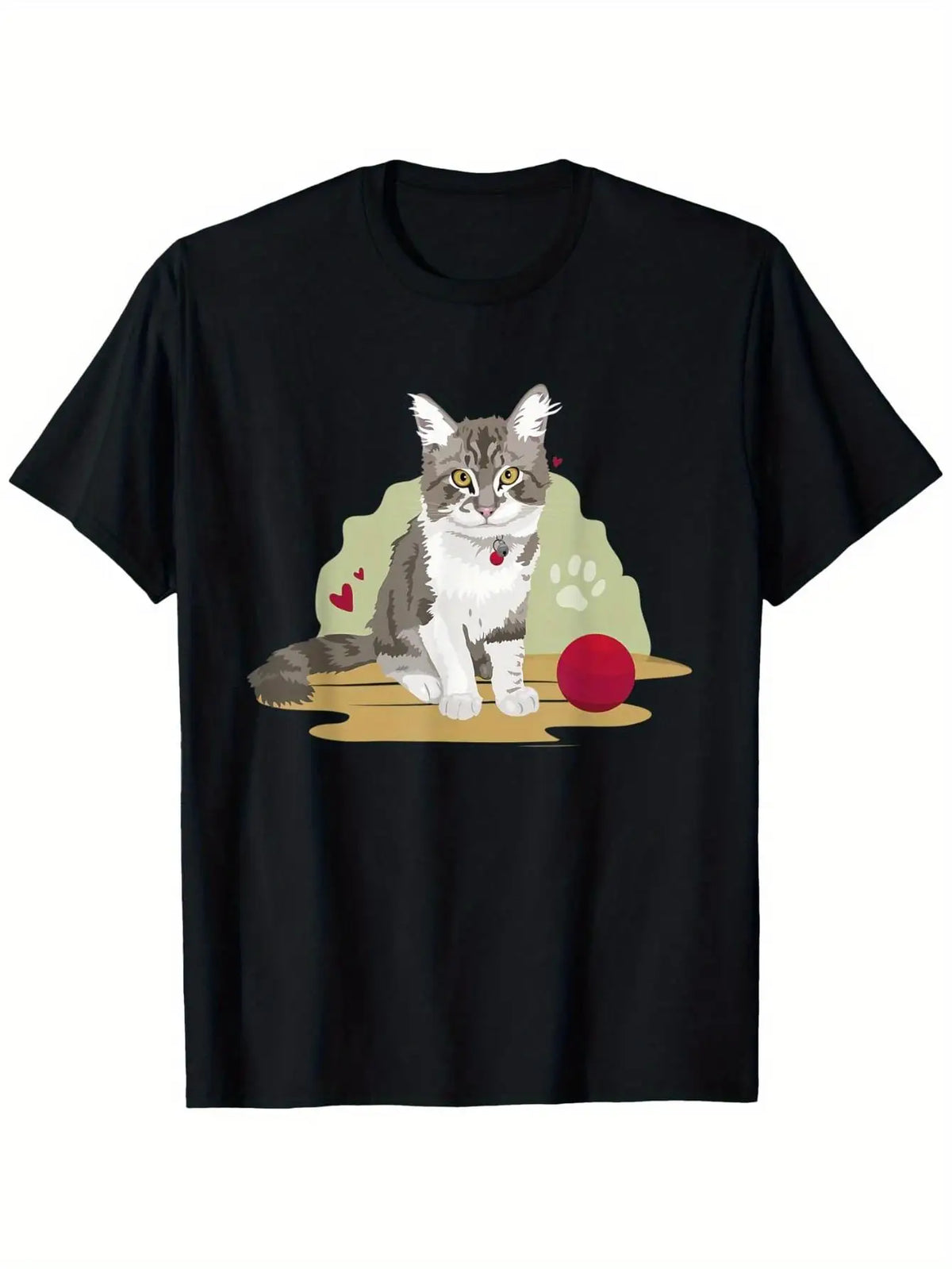 Funny "I Can't Hear You" Tabby Cat Pattern T-Shirt - Cute gray and white tabby kitten with heart paw print, 100sm T-shirt, men's, men's animal print short-sleeve T-shirt, animal print men's T-shirt, animal pattern T-shirt.