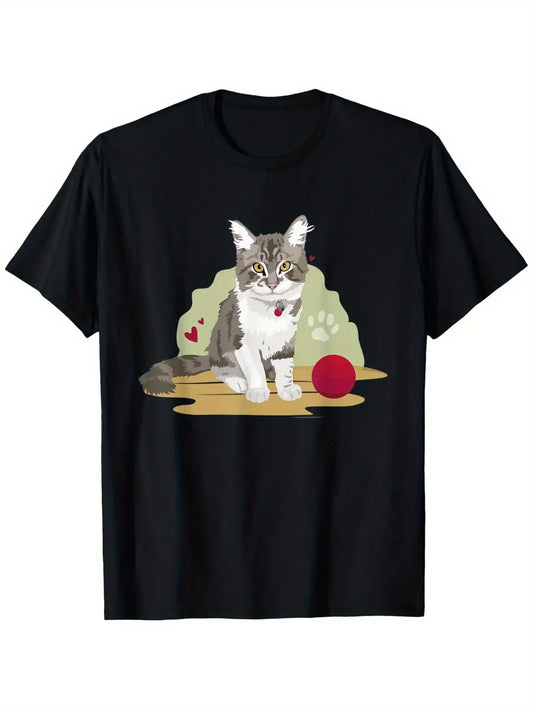 Funny "I Can't Hear You" Tabby Cat Pattern T-Shirt - Cute gray and white tabby kitten with heart paw print, 100sm T-shirt, men's, men's animal print short-sleeve T-shirt, animal print men's T-shirt, animal pattern T-shirt.