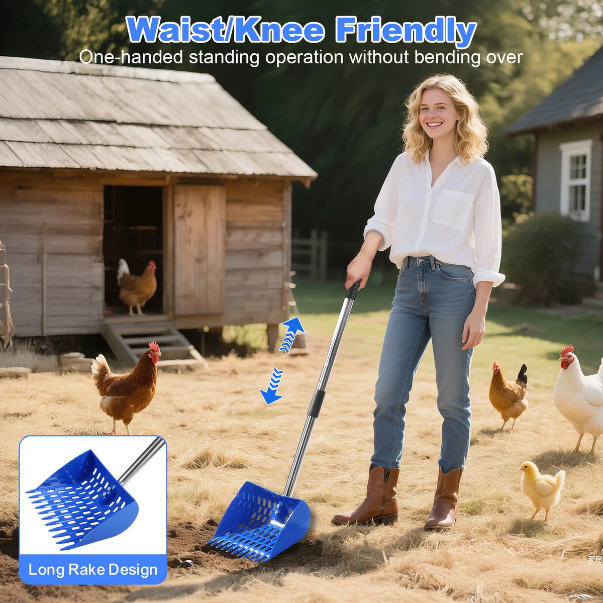 Ergonomic 2-in-1 Chicken Manure Shovel and Rake with Adjustable Handle