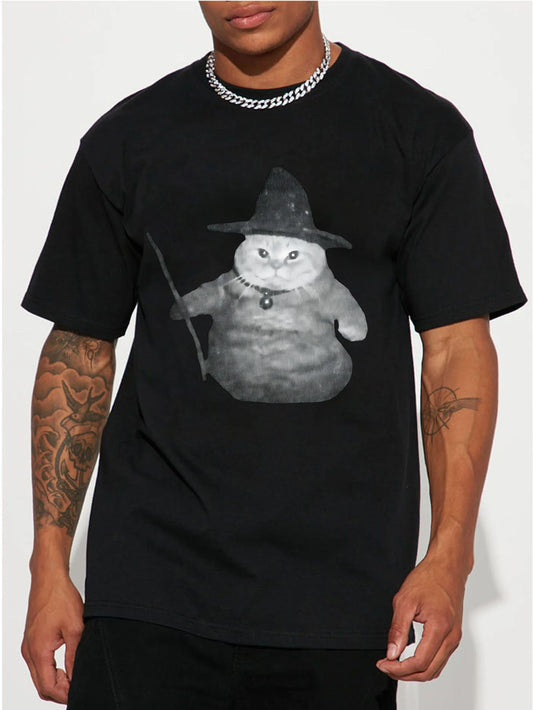 Cotton T-shirt, breathable cotton men's t-shirt with witch cat print, casual crew neck, short sleeves, lightweight knit fabric, slightly stretchy, suitable for hiking and outdoor activities, spring/summer/fall - H fit, for Ha