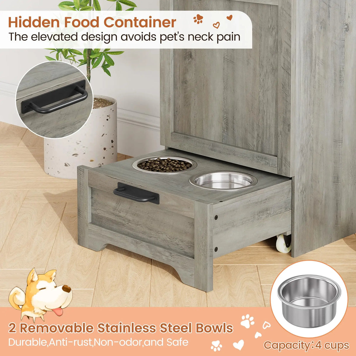 Dog Food Storage Cabinet with Feeding Bowls, Elevated Pet Feeder Station with 2 Stainless Steel Bowls, Slant Flip-Up Lid, Anti-Toppling Device, Pet Food Container for Dogs and Cats