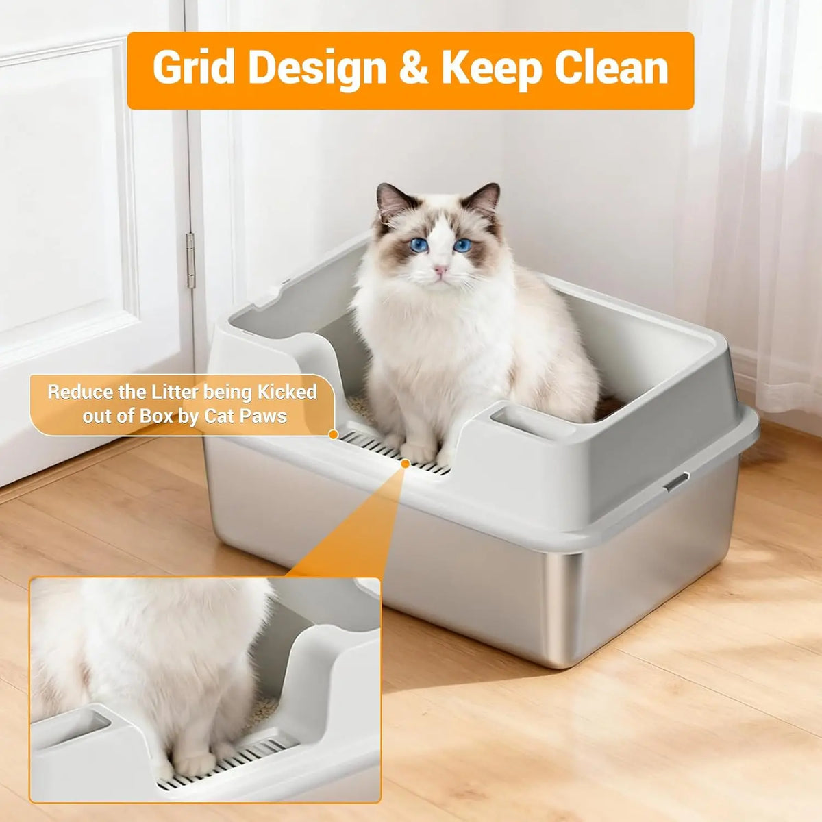 HiMISS Enclosed Stainless Steel Cat Litter Box With High Walls
