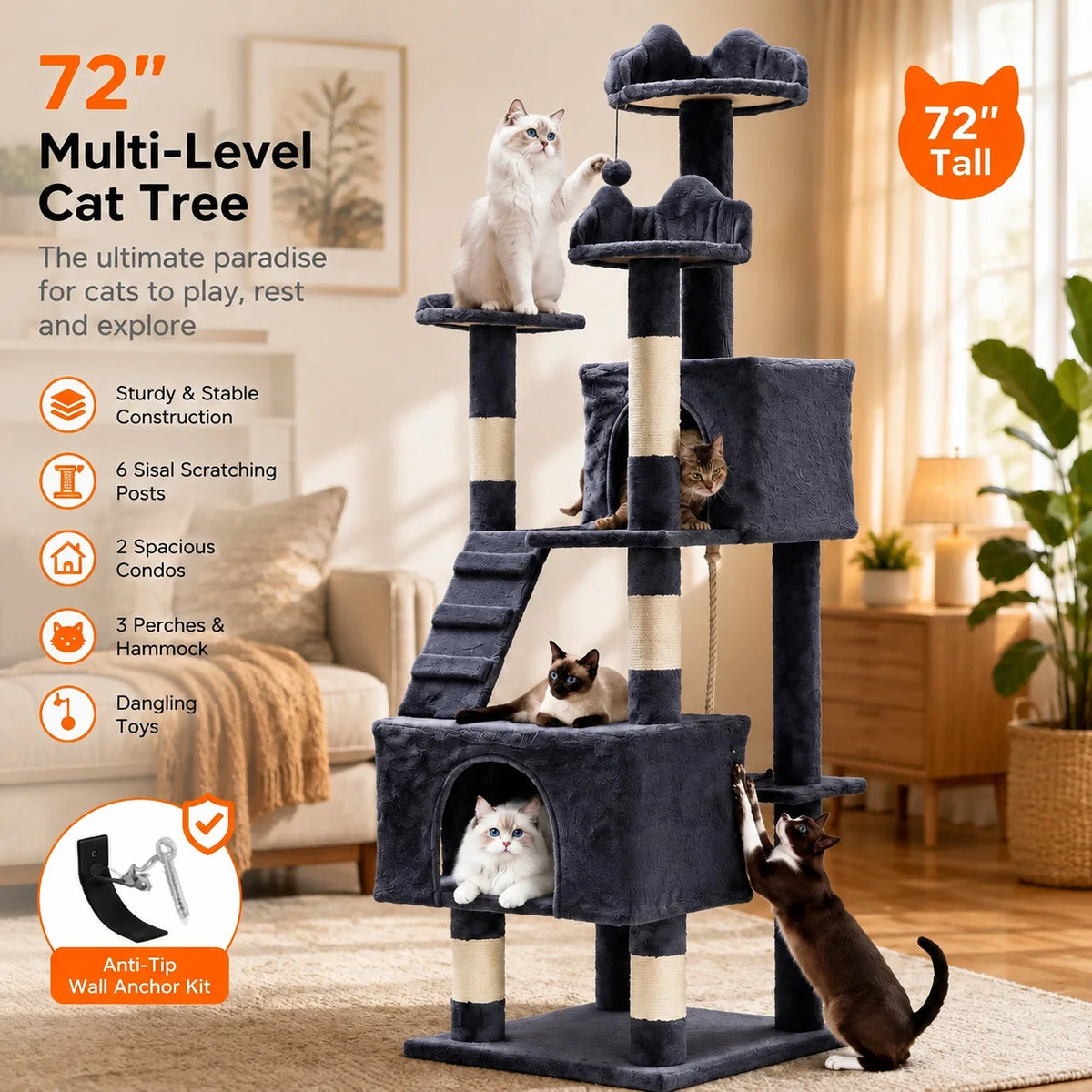 Hossllly Multi Tier Cat Condo With Scratching Posts And Hammock