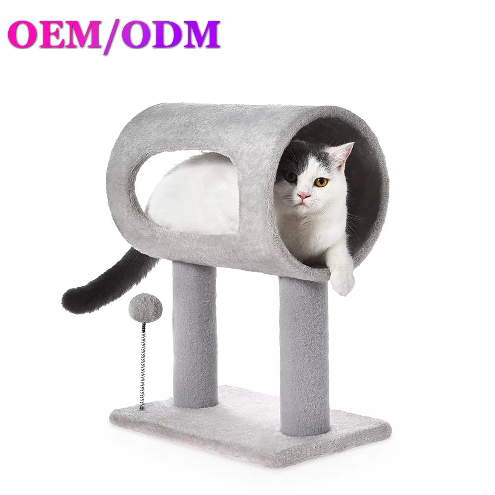 Modern Cat Tower With Plush Tunnel And Sisal Scratching Post