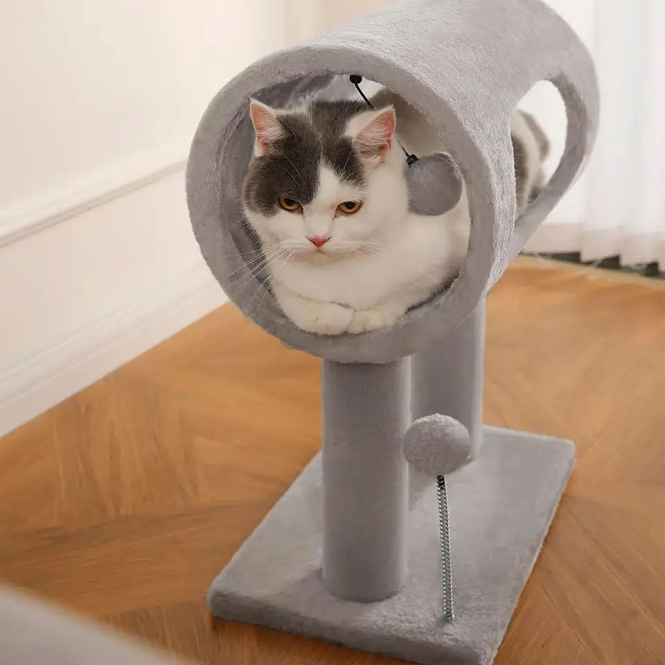Modern Cat Tower With Plush Tunnel And Sisal Scratching Post