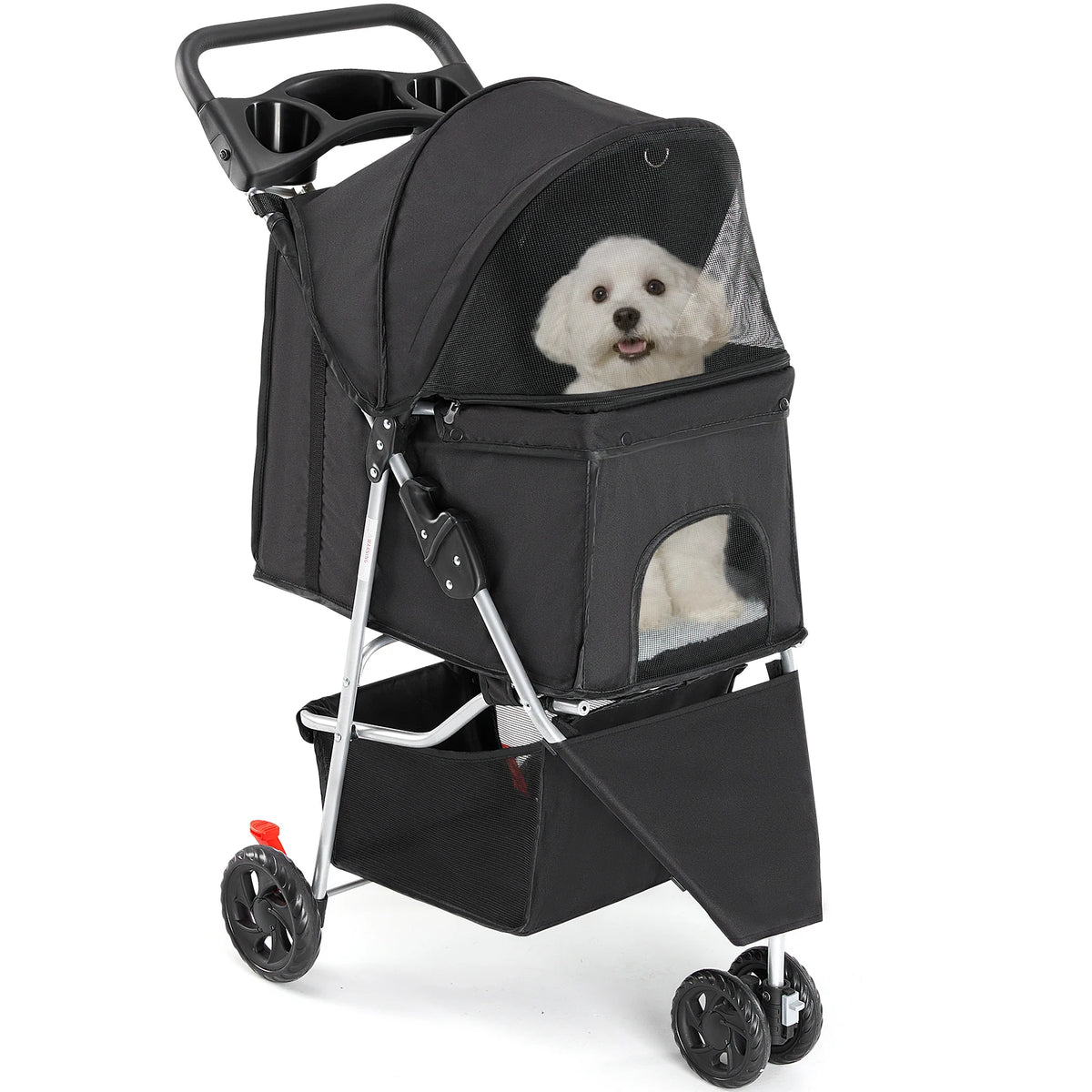 Foldable Three Wheel Pet Stroller With Mesh Windows Storage Basket