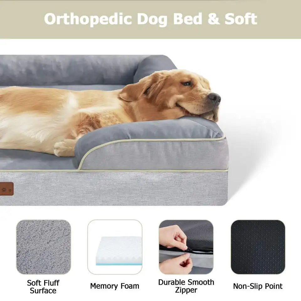 Orthopedic Memory Foam Dog Bed with Raised Bolsters Washable Cover and Non Slip Base