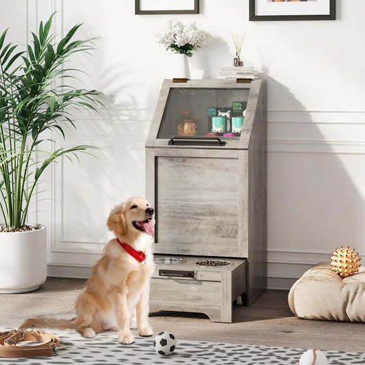 Dog Food Storage Cabinet with Feeding Bowls, Elevated Pet Feeder Station with 2 Stainless Steel Bowls, Slant Flip-Up Lid, Anti-Toppling Device, Pet Food Container for Dogs and Cats