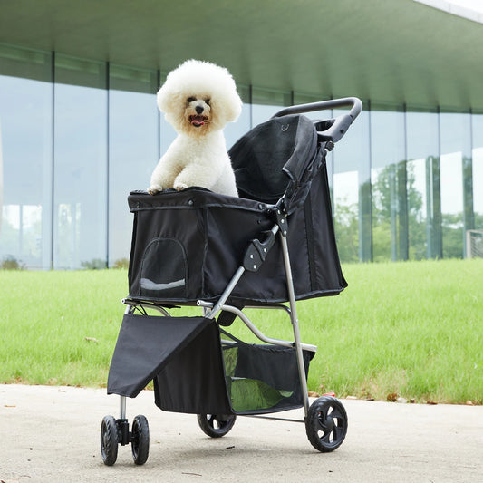Foldable Three Wheel Pet Stroller With Mesh Windows Storage Basket