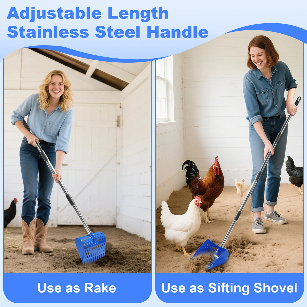 Ergonomic 2-in-1 Chicken Manure Shovel and Rake with Adjustable Handle
