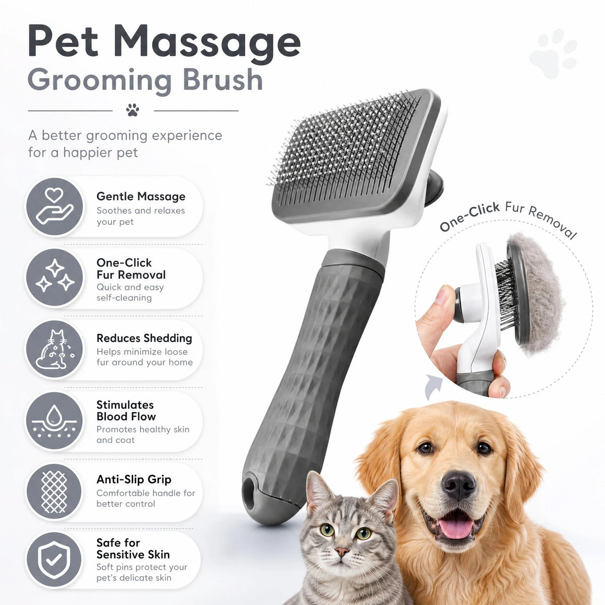 Pet Massage Grooming Brush For Detangling Knots And Mats