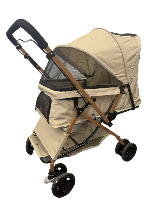 One-Click Folding Pet Travel Stroller, 4 Wheels Lightweight Dog Cat Trolley with Breathable Mesh and Storage Basket for Outdoor Walking