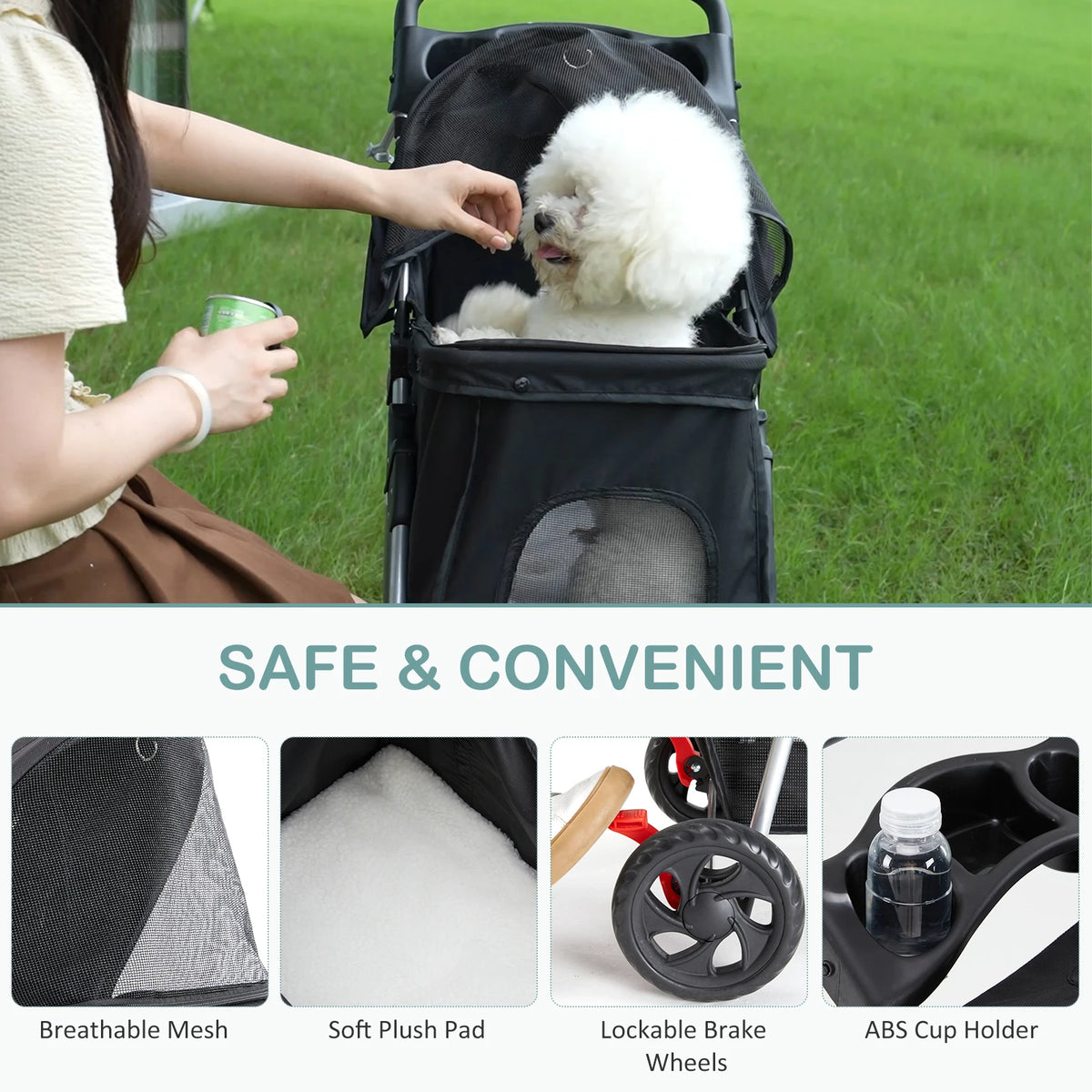 Foldable Three Wheel Pet Stroller With Mesh Windows Storage Basket