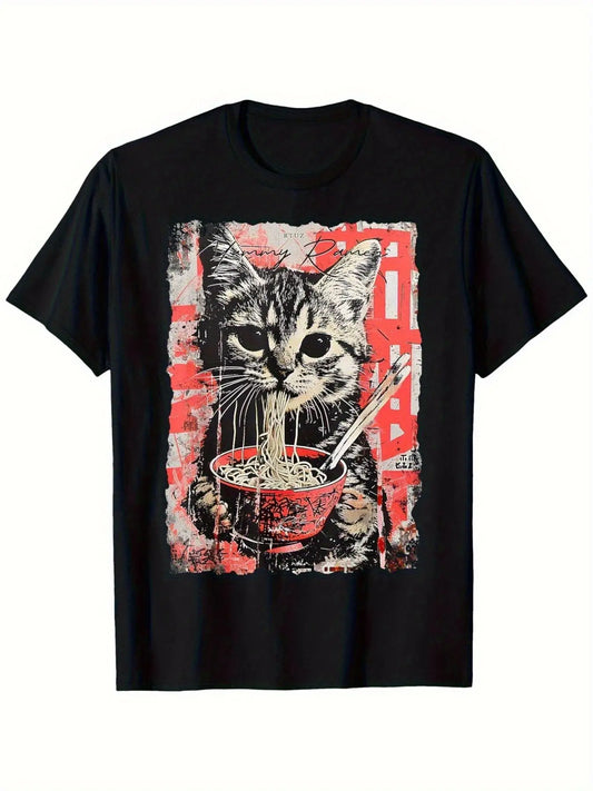 Premium Cat Eating Noodles Graphic Cotton Top For Kids