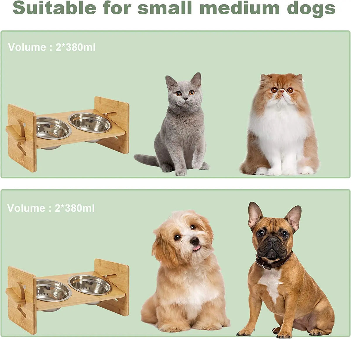 Height Adjustable Wooden Raised Cat Stainless Steel Double Bowls