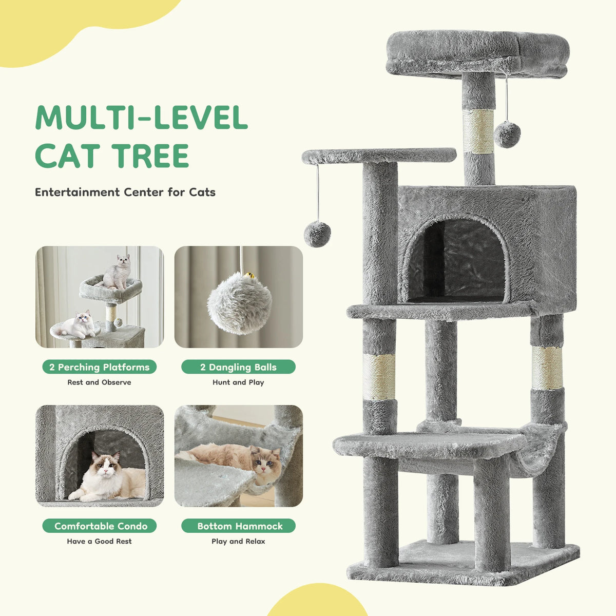 JHK Sturdy Multi Tier Cat Tree With Natural Sisal Posts