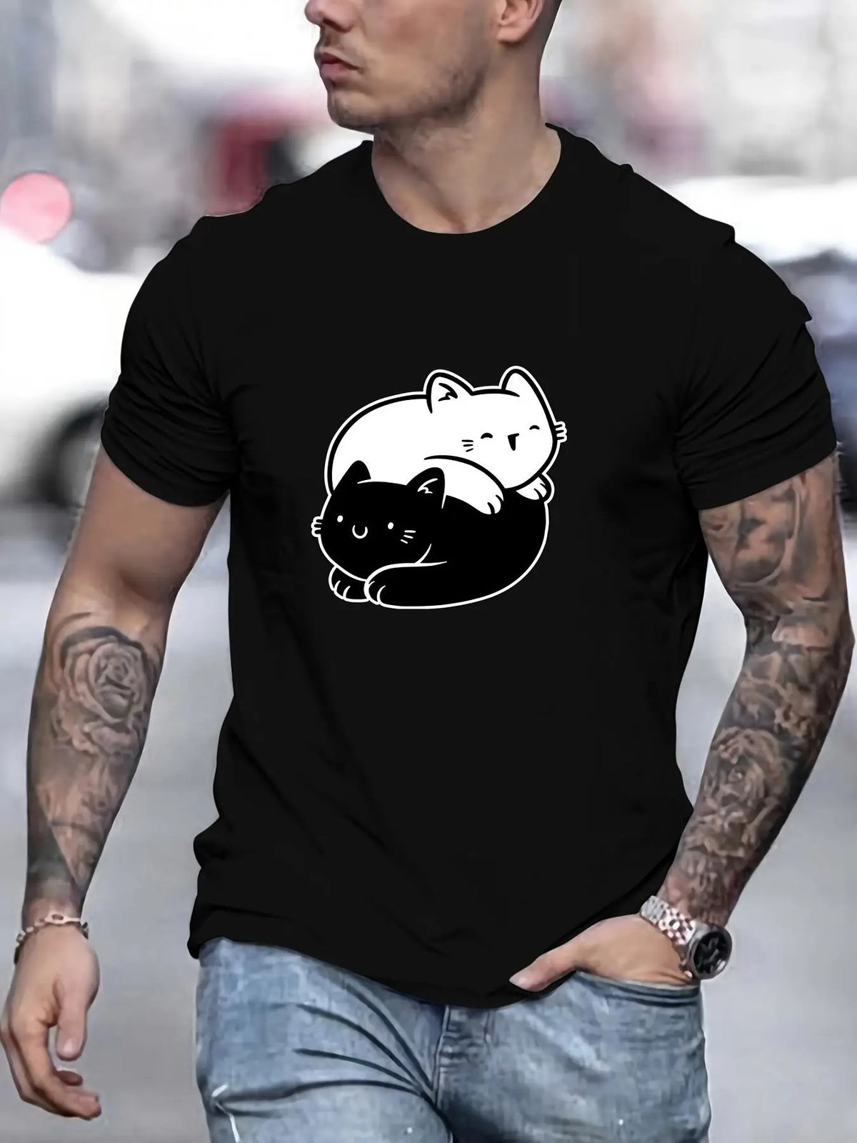 Men's Casual Cotton Crew Neck T-Shirt With Cat Graphic Print
