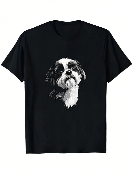 Unisex Dog Graphic T-Shirt - Black with White Dog Portrait, Soft and Breathable T-Shirt for Pet Lovers, Sizes S-XXXL (Unisex Adult Sizes), Machine Washable Daily Casual Shirt, Dog T-Shirt, Comfortable to Wear