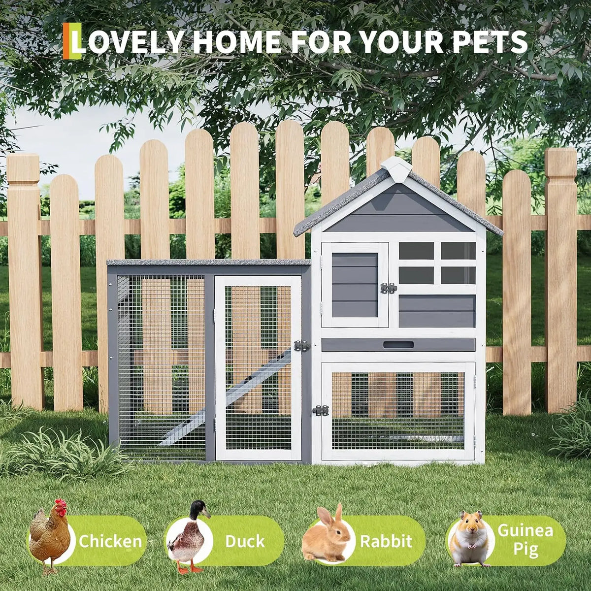 Large 2-Story Indoor Outdoor Wooden Rabbit Hutch Mobile Bunny Cage Waterproof Roof with Pull-Out Tray and Waterproof Roof Small Animal Enclosur for Rabbits, Guinea Pigs, Ducks, Chickens