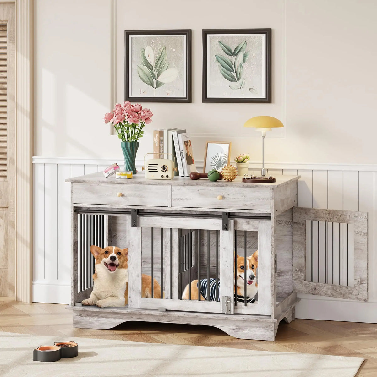 Stylish Furniture Style Indoor Dog Crate With Storage Drawers