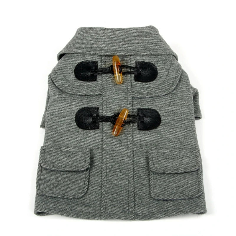 Classic Collared Wool Dog Coat With Horn Buttons Windproof Protection