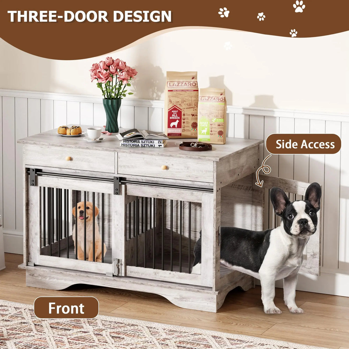 Stylish Furniture Style Indoor Dog Crate With Storage Drawers