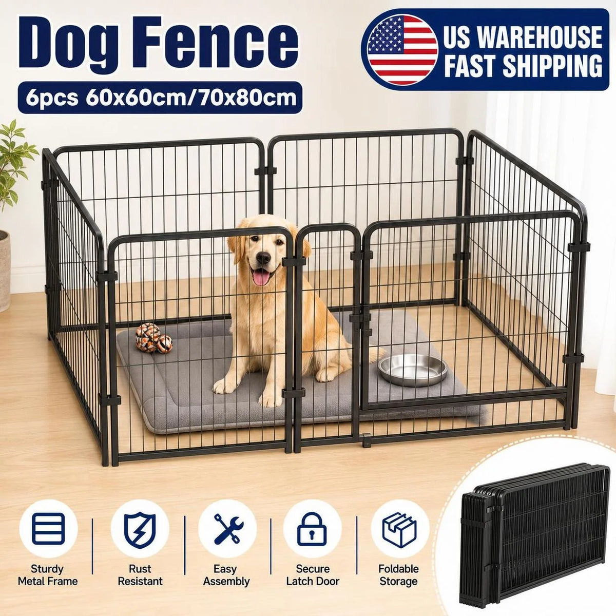 Foldable Stainless Steel Six Panel Heavy Duty Pet Exercise Kennel