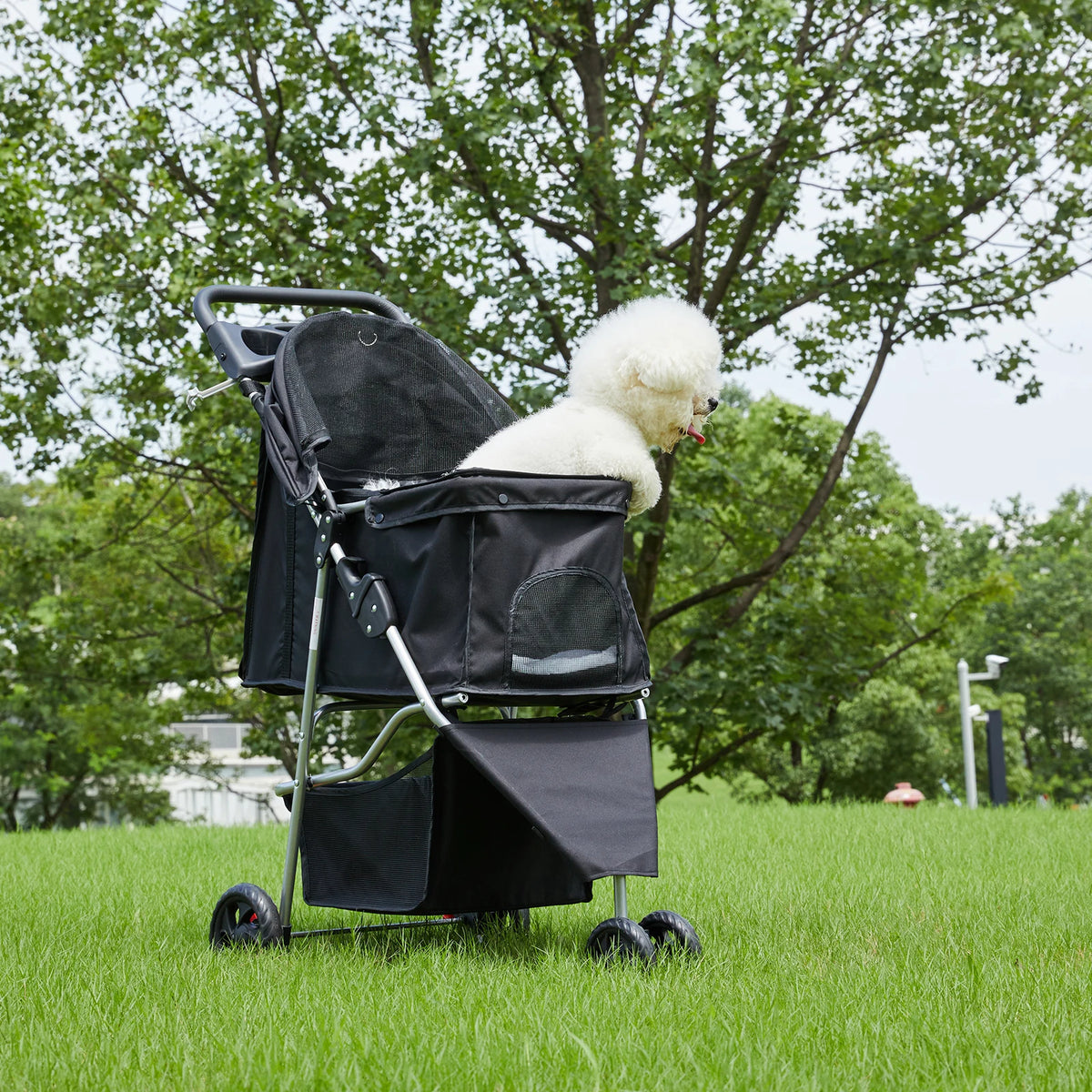 Foldable Three Wheel Pet Stroller With Mesh Windows Storage Basket