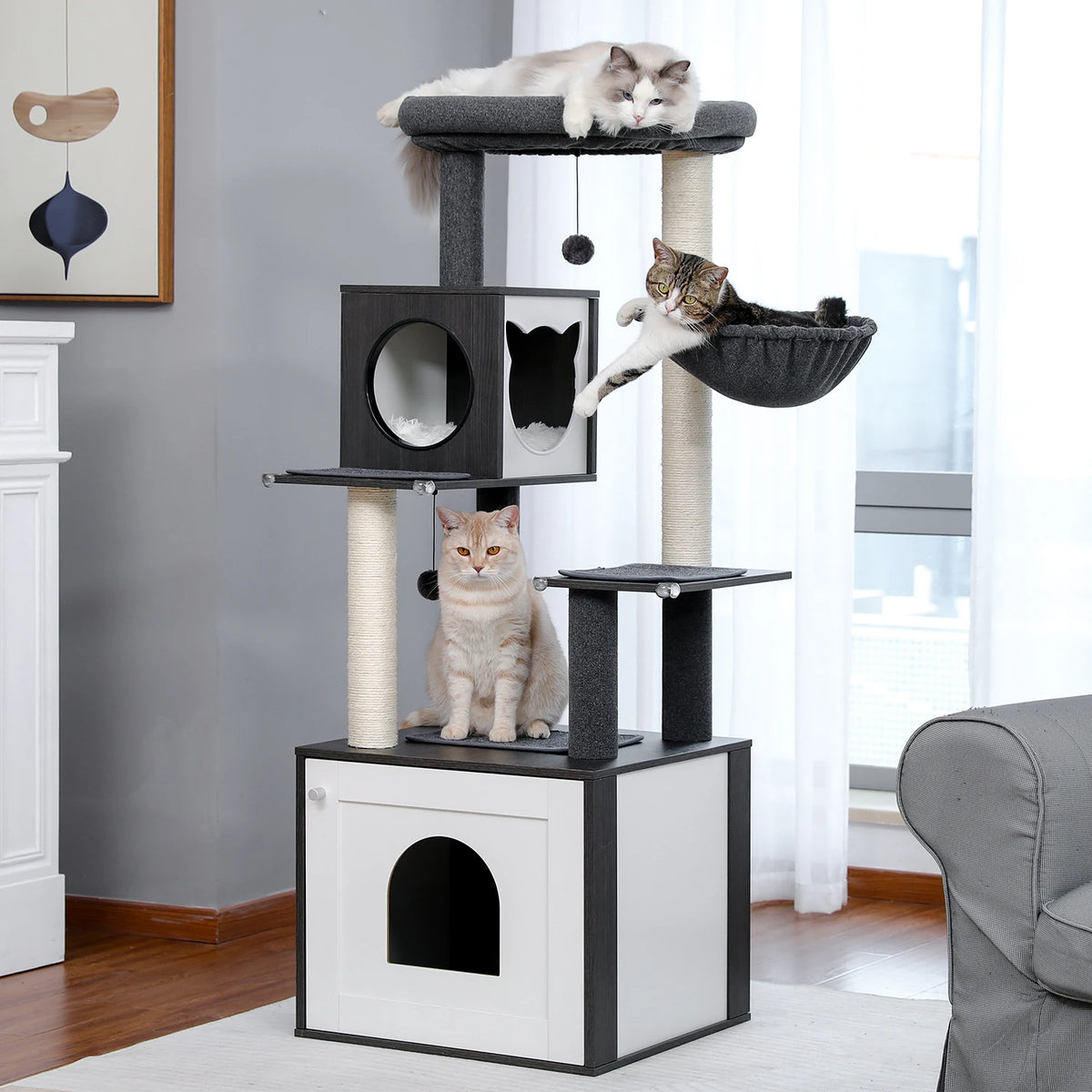 PAWZ Indoor Wooden Cat Tree Tower With Hammock And Posts