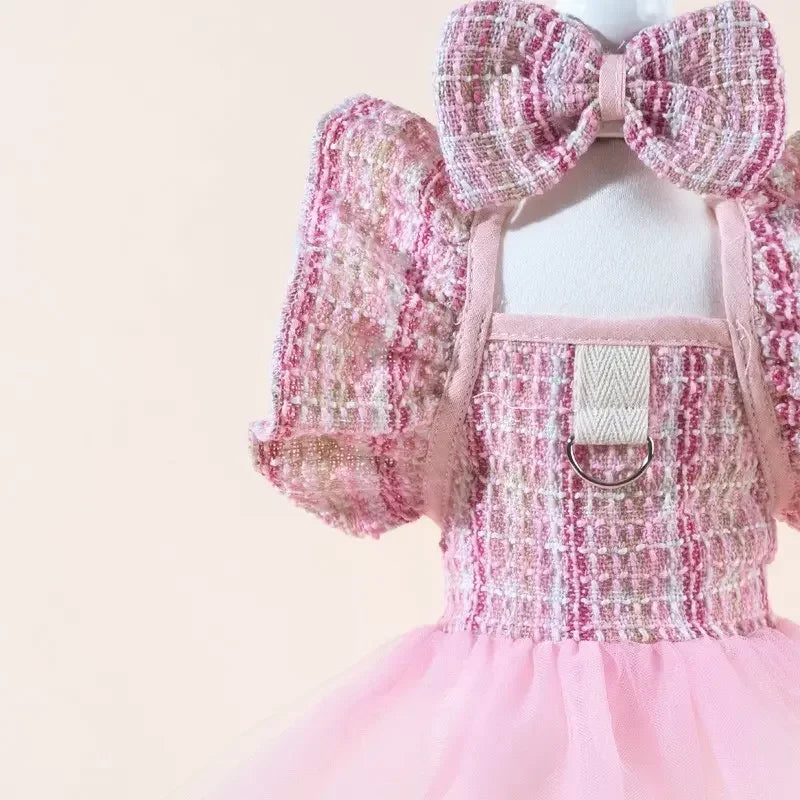 Cute Fashion Print Pet Dress with Bow, Plaid Pet Costume, Elastic Mesh Princess Dress, Puppy Cat, Complete Set, Puppy Clothes
