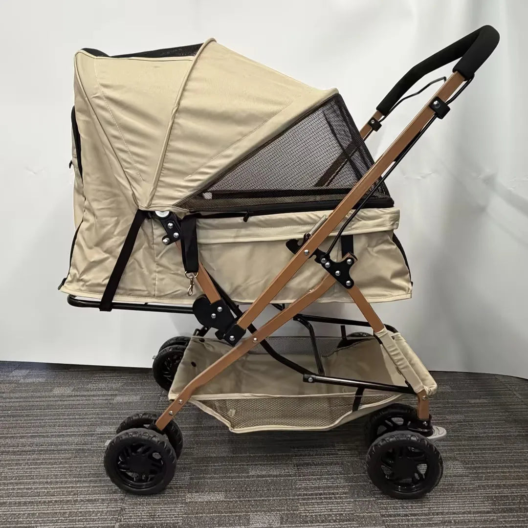 One-Click Folding Pet Travel Stroller, 4 Wheels Lightweight Dog Cat Trolley with Breathable Mesh and Storage Basket for Outdoor Walking