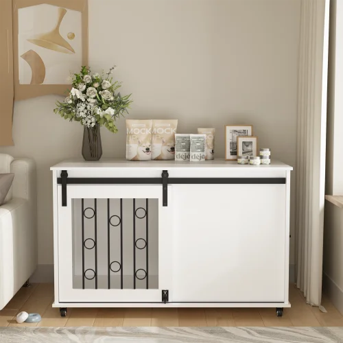Wooden Indoor Dog Crate End Table With Sliding Barn Door