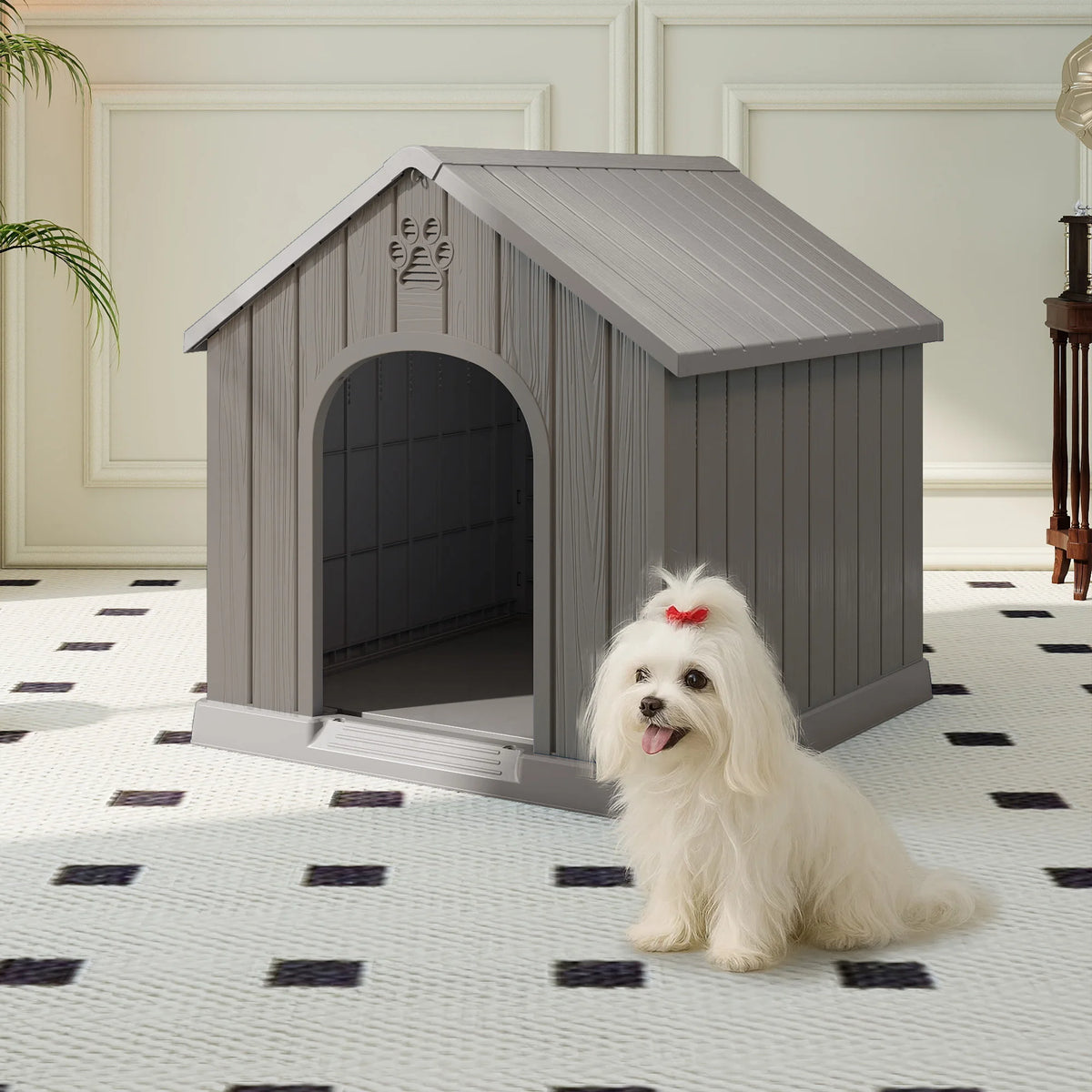 Weather Resistant Plastic Dog House For Outdoor Backyard Patio