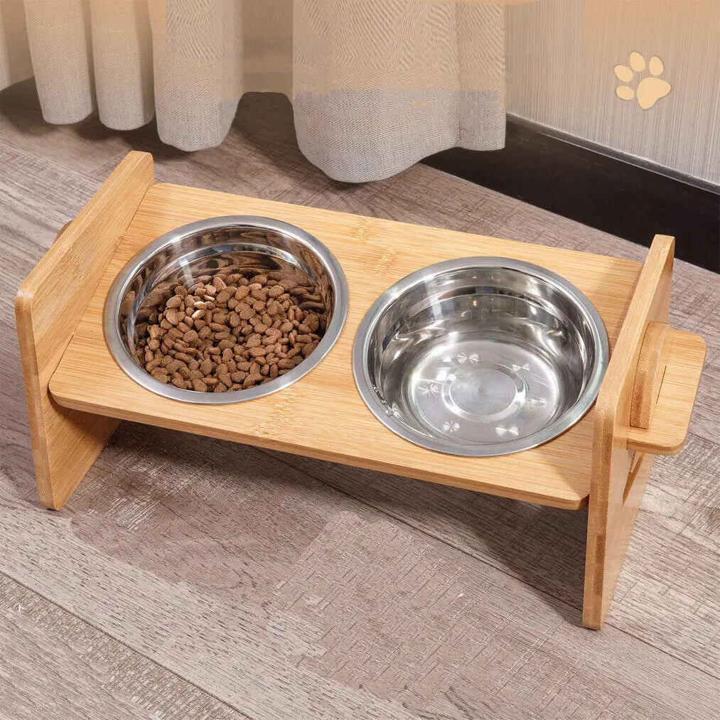 Wooden Raised Cat Bowls With Bamboo Stand Stainless Height Adjustable
