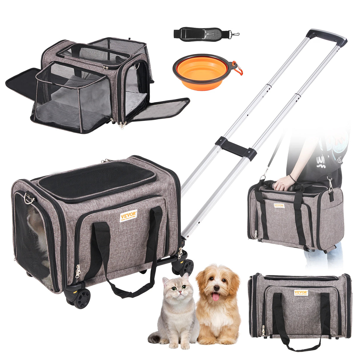 Breathable Wheeled Pet Carrier Backpack With Telescopic Handle And Wheels