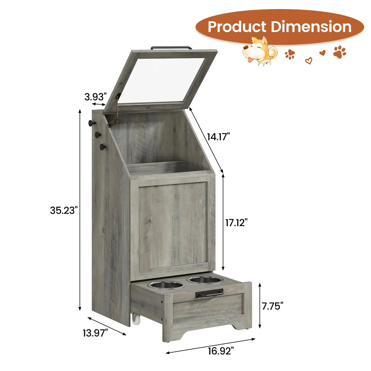 Dog Food Storage Cabinet with Feeding Bowls, Elevated Pet Feeder Station with 2 Stainless Steel Bowls, Slant Flip-Up Lid, Anti-Toppling Device, Pet Food Container for Dogs and Cats