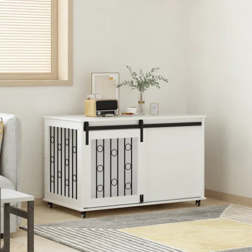 Wooden Indoor Dog Crate End Table With Sliding Barn Door