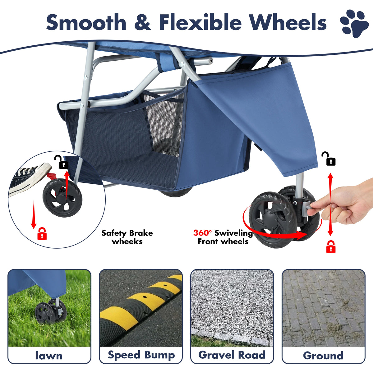 Foldable Three Wheel Pet Stroller With Mesh Windows Storage Basket