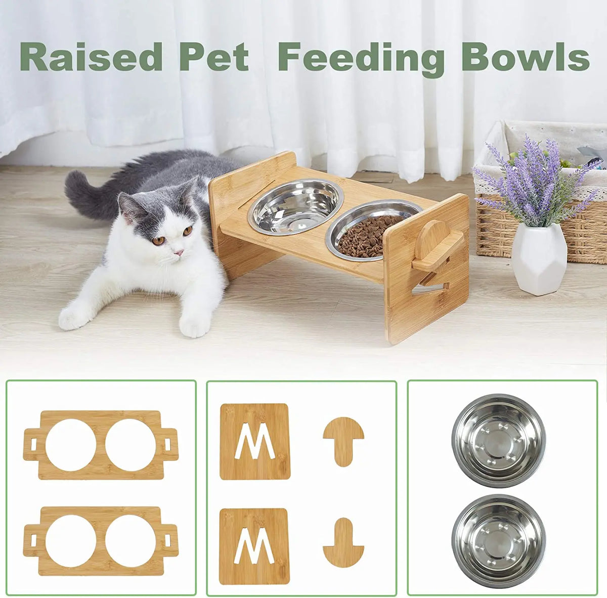 Height Adjustable Wooden Raised Cat Stainless Steel Double Bowls