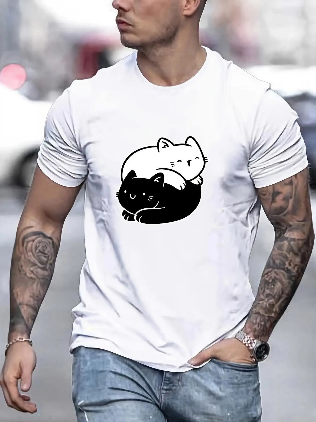 Men's Casual Cotton Crew Neck T-Shirt With Cat Graphic Print
